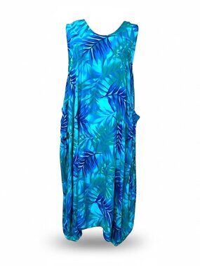 Tangerine Temple Blue Tropical Leaf Rayon Cocoon Dress L Pocket Coconut Button